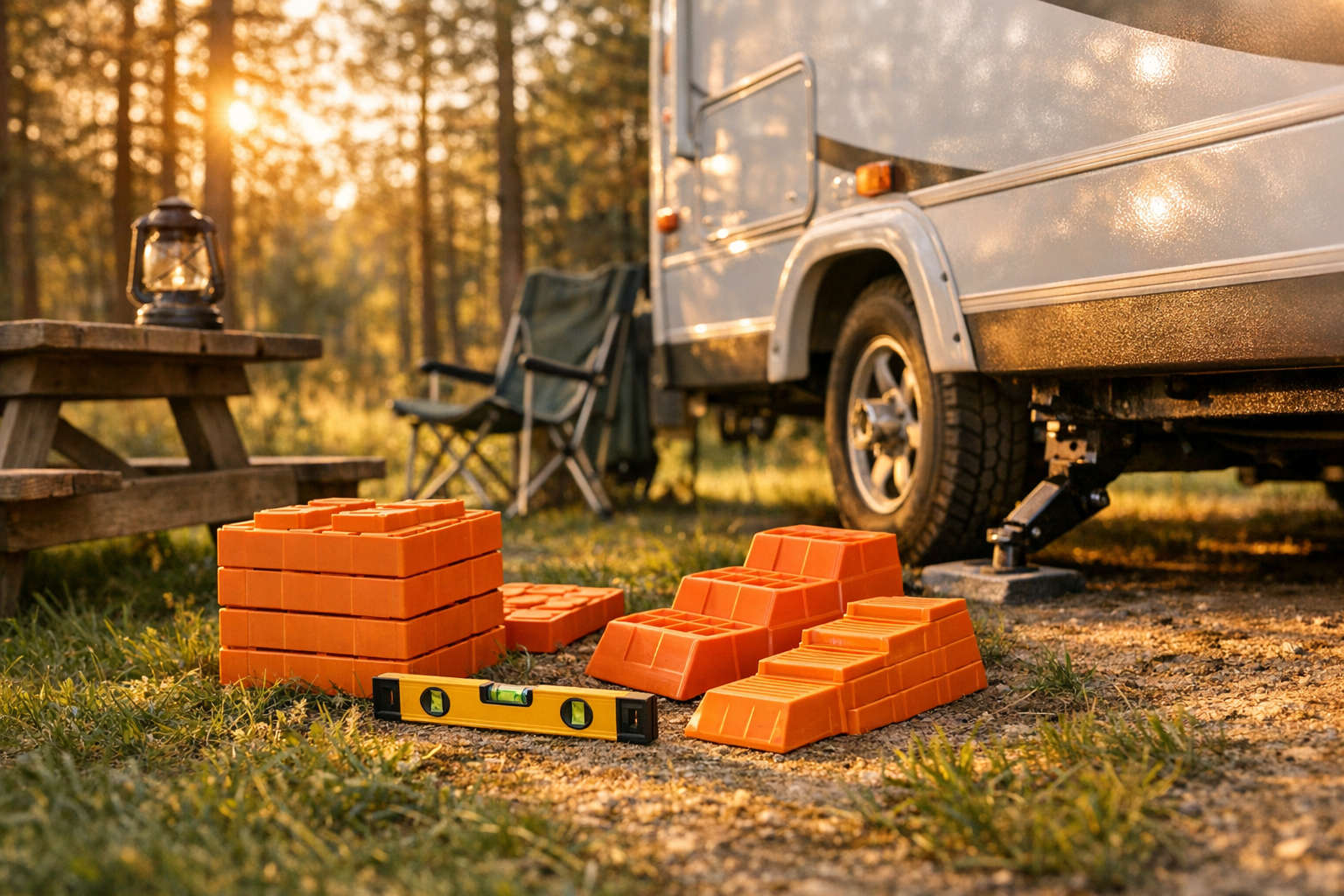 A sun-drenched campsite scene photographed in warm golden hour light, showing a large white and silver RV parked on a grassy clearing surrounded by tall pine trees. In the foreground, a collection of leveling accessories are artfully arranged on the ground beside the RV — rubber leveling blocks in earthy orange tones, a bubble level tool, and sturdy stackable plastic wedges in varying sizes, all casually laid out on a patch of green grass. A weathered wooden picnic table sits nearby with a camping lantern and a folded camp chair leaning against the RV's side. Soft dappled sunlight filters through the pine canopy, casting long natural shadows across the scene. The RV's stabilizer jacks are partially visible, one side slightly elevated, suggesting the leveling process is underway. The overall mood is relaxed and adventurous, shot from a low angle with a slightly shallow depth of field, giving the image that authentic candid outdoor lifestyle feel popular on social media. Rich greens, warm ambers, and crisp natural tones dominate the palette, evoking a peaceful weekend escape into nature.