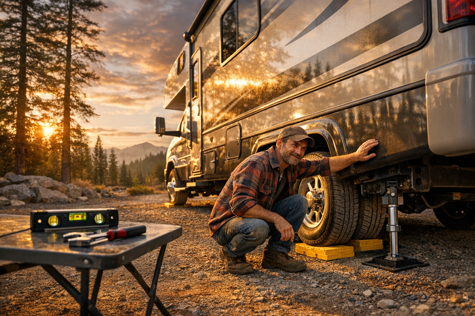 A rugged, dusty campsite at golden hour with warm amber sunlight filtering through tall pine trees, casting long shadows across the ground. A large modern RV motorhome is perfectly parked on a gravel pad, its chassis sitting completely level and balanced, with leveling blocks and stabilizing jacks visibly positioned beneath the tires and frame corners. A weathered man in his 40s wearing a flannel shirt and worn jeans crouches beside the rear wheel, carefully inspecting the leveling equipment with a satisfied expression, one hand resting proudly on the RV's exterior. A small bubble level tool sits prominently on a nearby folding table alongside basic tools. The surrounding landscape features towering evergreen forests and distant mountain ridges bathed in soft evening haze. The RV gleams in the warm setting sun, its polished exterior reflecting the golden light beautifully. Shot from a low angle with a slightly wide lens, giving the RV an impressive, commanding presence against the dramatic sky streaked with soft orange and pink clouds. Natural bokeh softens the background treeline. Authentic candid lifestyle photography feel, slightly desaturated earthy tones with rich shadows and warm highlights.