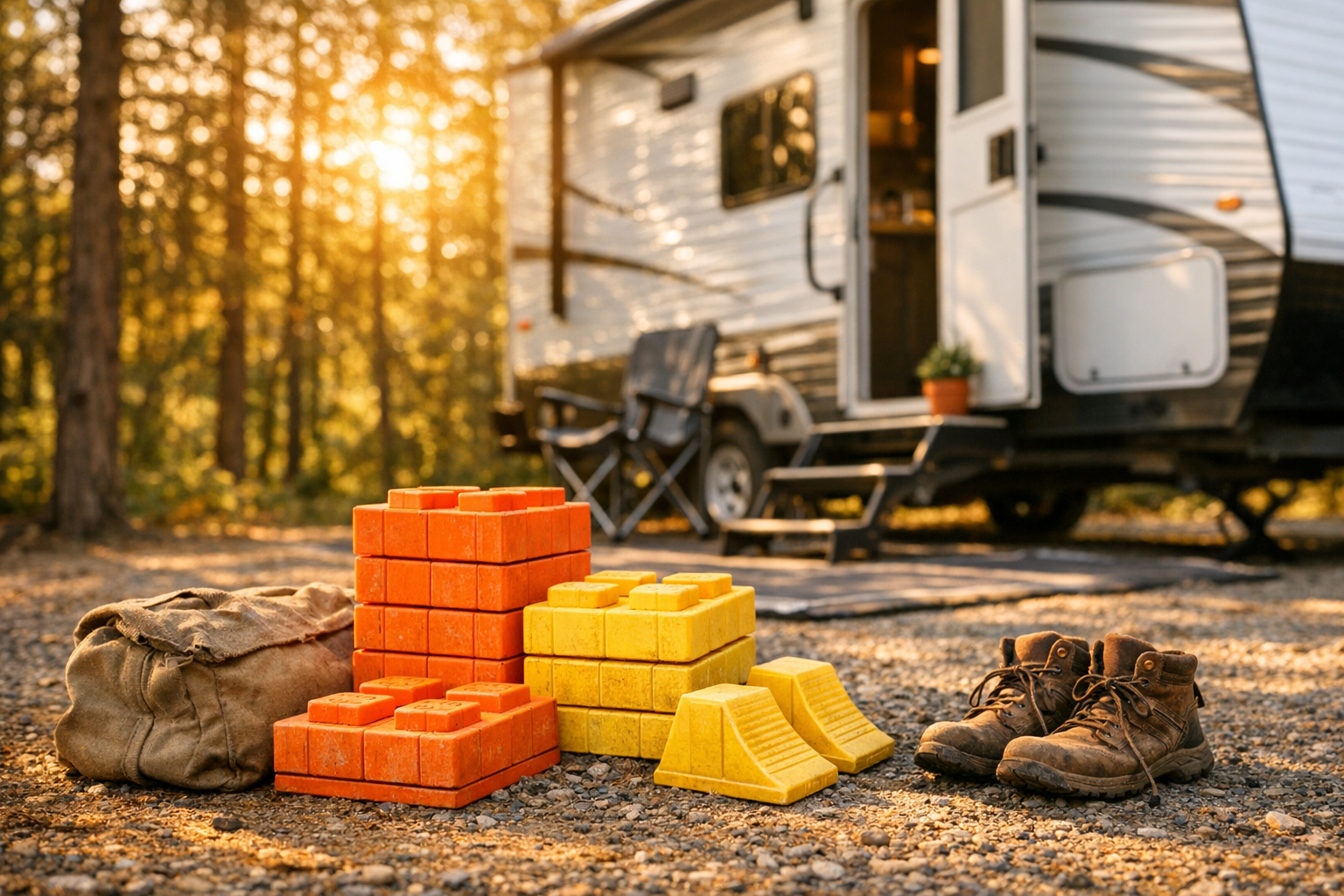 A sun-drenched campsite scene captured in warm golden hour light, showing a large white and silver RV perfectly parked on a flat gravel pad surrounded by towering pine trees. In the foreground, a collection of sturdy orange and yellow plastic leveling blocks and wheel chocks are stacked neatly beside a worn canvas bag, their surfaces showing subtle scuffs and weathering that hint at many camping seasons of reliable use. The late afternoon sunlight filters through the pine canopy, casting long dappled shadows across the scene. A pair of worn hiking boots rests nearby, suggesting an experienced camper's well-loved gear. The RV's door is open, with a folding camp chair visible on the leveled outdoor mat beside it, and a small potted succulent on the step adding a homey touch. The overall mood is warm, practical, and adventurous, shot with a slightly shallow depth of field that keeps the leveling blocks sharp in the foreground while the majestic forest backdrop softly blurs into a rich green bokeh.