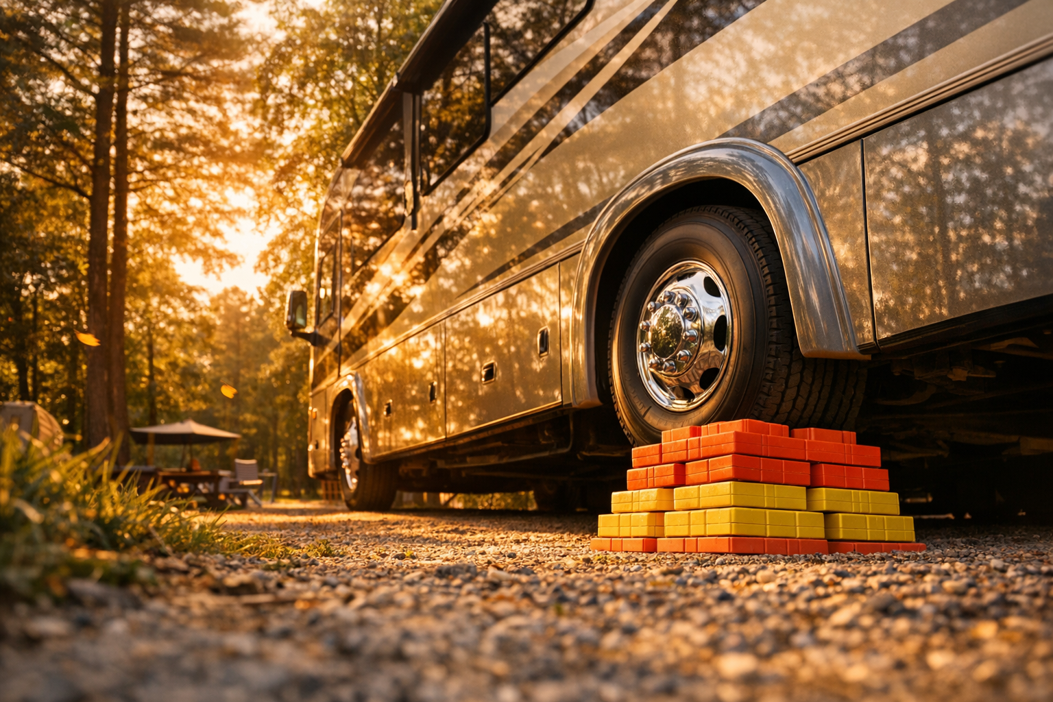 A stunning golden hour photograph of a massive Class A motorhome perfectly positioned on a lush, tree-lined campsite, shot from a low angle to capture the satisfying symmetry of bright orange and yellow leveling blocks stacked neatly beneath the rear tires. Warm amber sunlight filters through towering pine and oak trees, casting long dappled shadows across the gravel and grass beneath the vehicle. The motorhome gleams in shades of cream and silver, its polished exterior reflecting the soft late-afternoon glow. Surrounding the scene, dense green forest creates a natural canopy overhead, with a few golden leaves drifting through the air. The foreground shows textured gravel and patches of wild grass, while the background fades into a soft bokeh of layered trees. The composition is slightly asymmetrical and candid, giving it that authentic lifestyle travel photography feel — the kind of real, lived-in camping moment shared by full-time RV families on social media. Shot with a wide-angle lens close to the ground, natural colors are rich and warm, with no harsh artificial lighting, just pure organic golden hour magic.