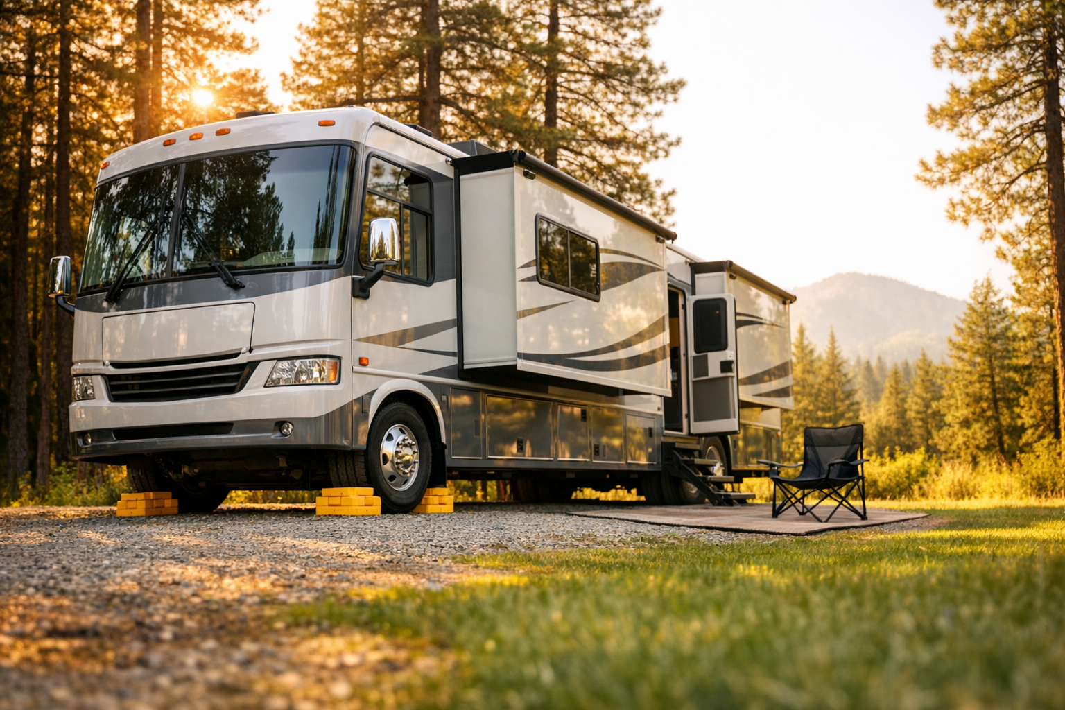 A sun-drenched campsite nestled among towering pine trees, where a large white and silver Class A motorhome sits perfectly positioned on a flat gravel pad, its chassis sitting evenly and balanced with sturdy yellow plastic stacking blocks visible beneath the rear tires, golden afternoon light filtering through the forest canopy casting long warm shadows across the scene, a folding camp chair and small outdoor mat placed beside the open entry door suggesting comfortable settled-in living, lush green grass surrounding the gravel area, a glimpse of a mountain ridge visible in the soft hazy background, the RV's exterior gleaming cleanly in the natural light with slide-outs extended, the overall scene radiating the peaceful organized satisfaction of a perfectly set up campsite ready for a relaxing weekend getaway, shot from a slight low angle with a wide lens to capture both the vehicle and the beautiful woodland surroundings, warm golden hour tones, shallow depth of field softening the distant treeline, authentic candid outdoor lifestyle photography feel