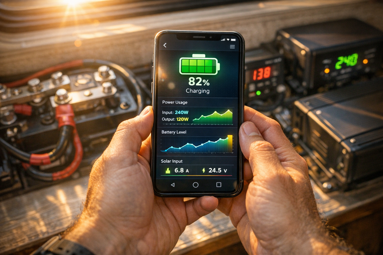 A close-up overhead shot of hands holding a modern smartphone displaying a glowing battery monitoring app screen with colorful power usage graphs and real-time data visualizations, positioned above a sophisticated RV electrical control panel with illuminated LED indicators and digital displays, natural sunlight streaming through an RV window creating soft shadows across the brushed aluminum panel surface, warm golden hour lighting highlighting the metallic components, depth of field focusing on the phone screen while the background battery bank and solar charge controller blur slightly, authentic mobile photography aesthetic with slight lens flare from the window light, contemporary off-grid living setup with premium electrical equipment visible including thick gauge wiring, bus bars, and sleek black inverter housing