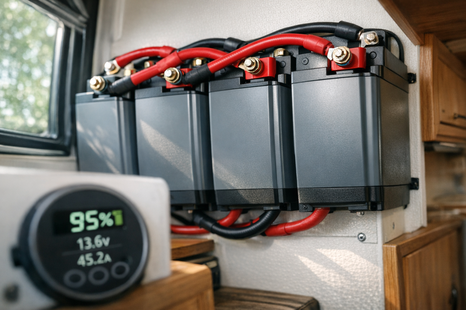 A close-up shot of modern lithium battery cells arranged in a compact bank inside an RV, with soft natural light filtering through a nearby window illuminating the sleek gray and black battery casings. The batteries are mounted securely on a clean white wall, with thick red and black cables connecting them in parallel configuration. In the foreground, slightly out of focus, sits a digital battery monitor display showing charge levels, while the background reveals part of the RV's interior wooden cabinetry. The lighting creates gentle shadows that emphasize the professional installation, and the overall composition has that authentic DIY vanlife aesthetic popular on Instagram, shot from a slightly elevated angle with a smartphone camera's natural depth of field.