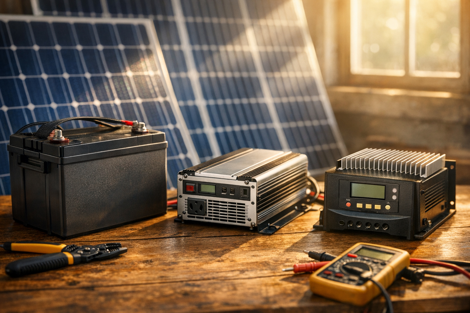 several dark blue photovoltaic solar panels with their distinctive grid pattern of cells catching natural sunlight streaming through a nearby window, a deep cycle battery with visible terminals and casing, a compact inverter unit with cooling fins and ventilation slots, and a charge controller device with its characteristic heat sink design. The components are positioned with intentional spacing between them, creating a visually balanced composition. Warm morning sunlight creates soft shadows and highlights the metallic surfaces and technical details of each component. The scene is captured with shallow depth of field, giving it an authentic DIY project documentation feel typical of off-grid lifestyle Instagram posts. Small tools like wire strippers and a multimeter rest casually near the edges of the frame, suggesting an in-progress installation project. The natural wood grain texture of the workbench adds warmth to the technical subject matter.