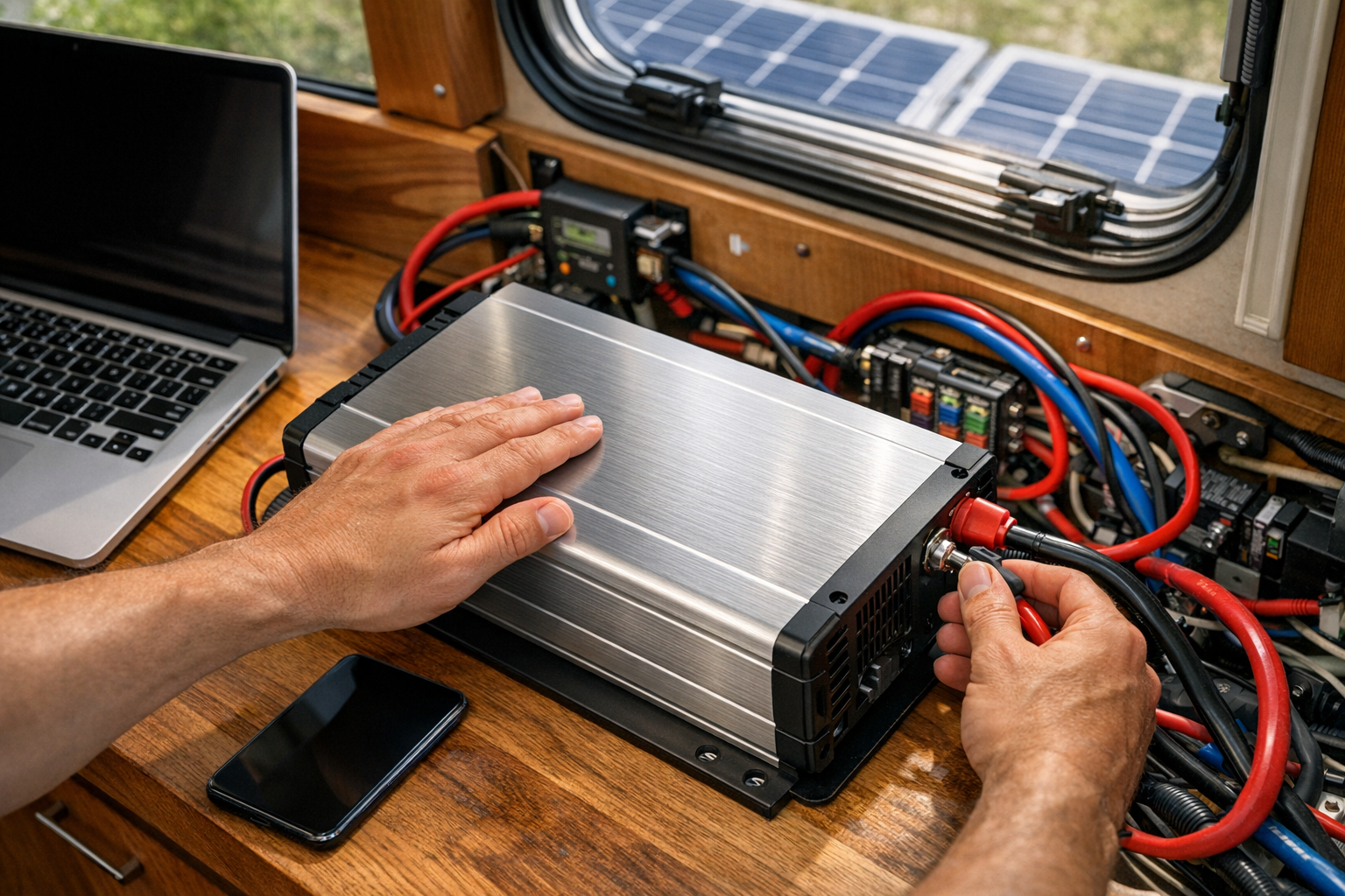 A close-up overhead shot of hands installing a sleek silver inverter unit inside an RV, with various electrical components and colorful wires visible in the background. Natural daylight streams through an RV window, illuminating the metallic surface of the inverter and casting soft shadows across the installation area. In the frame, a laptop and smartphone rest nearby on a wooden counter, suggesting the electronics that will be powered by the system. The scene captures an authentic DIY moment with warm wood paneling typical of RV interiors, solar panels partially visible through the window, and deep blue and red electrical cables creating contrast against the neutral tones of the space.