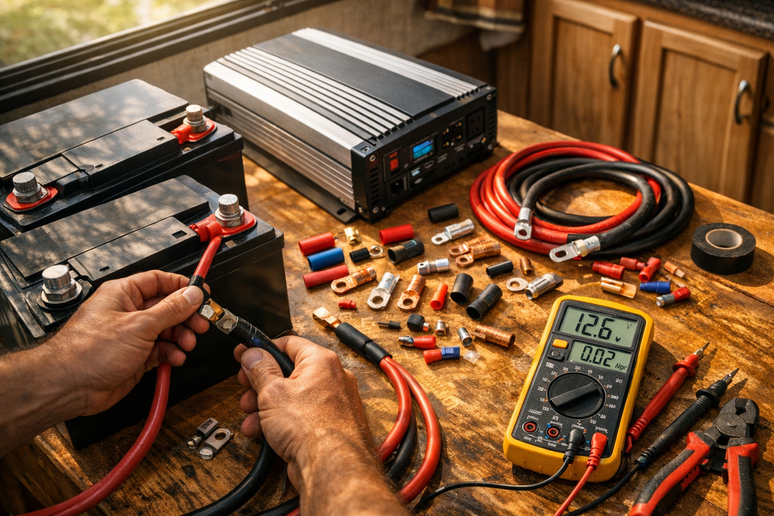 A close-up overhead shot of hands arranging various RV electrical components on a wooden work surface, featuring deep cycle batteries with visible terminal posts, a modern power inverter with cooling fins and ports, thick gauge copper cables in red and black, wire connectors, and a digital multimeter displaying readings. Warm natural sunlight streams through an RV window creating soft shadows across the components, while the background shows the blurred interior of a motorhome with cabinet doors. The composition has that authentic DIY project feel with tools scattered naturally around the workspace, captured in the casual documentary style typical of vanlife and RV renovation Instagram posts.