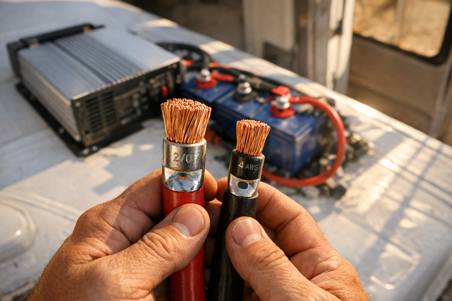 A close-up overhead shot of hands holding thick copper electrical cables with exposed wire ends against the white roof of an RV, with a large silver inverter unit and blue deep-cycle batteries visible in the background, natural sunlight streaming through an open RV door creating dramatic shadows across the installation workspace, shot in authentic DIY style with shallow depth of field focusing on the cable gauge comparison, warm afternoon lighting highlighting the copper wire strands and professional crimped connectors