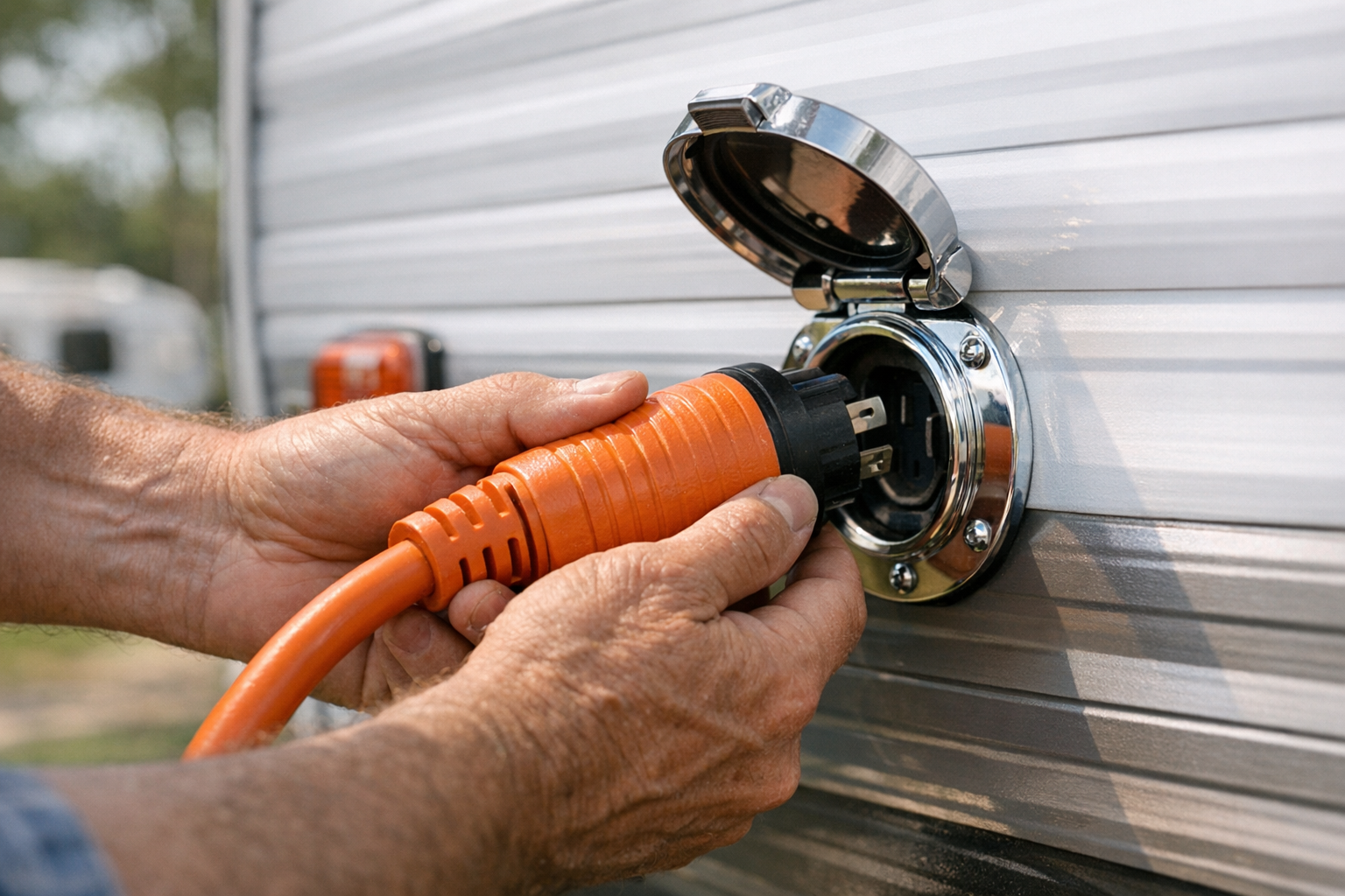 A close-up photograph of hands carefully connecting thick electrical cables to an RV's exterior power inlet on a sunny afternoon, with the white and silver aluminum siding of the recreational vehicle visible in the background. The scene shows a person's weathered hands gripping a heavy-duty orange power cord, positioning it near the round shore power connection port mounted on the side of the motorhome. Natural daylight casts soft shadows across the textured RV exterior, while the blurred background reveals a typical RV park setting with trees and grass. The composition focuses on the practical moment of plugging in, capturing the tactile detail of the ribbed power cable, the chrome finish of the inlet cover, and the concentration evident in the careful hand positioning during this routine camping task.