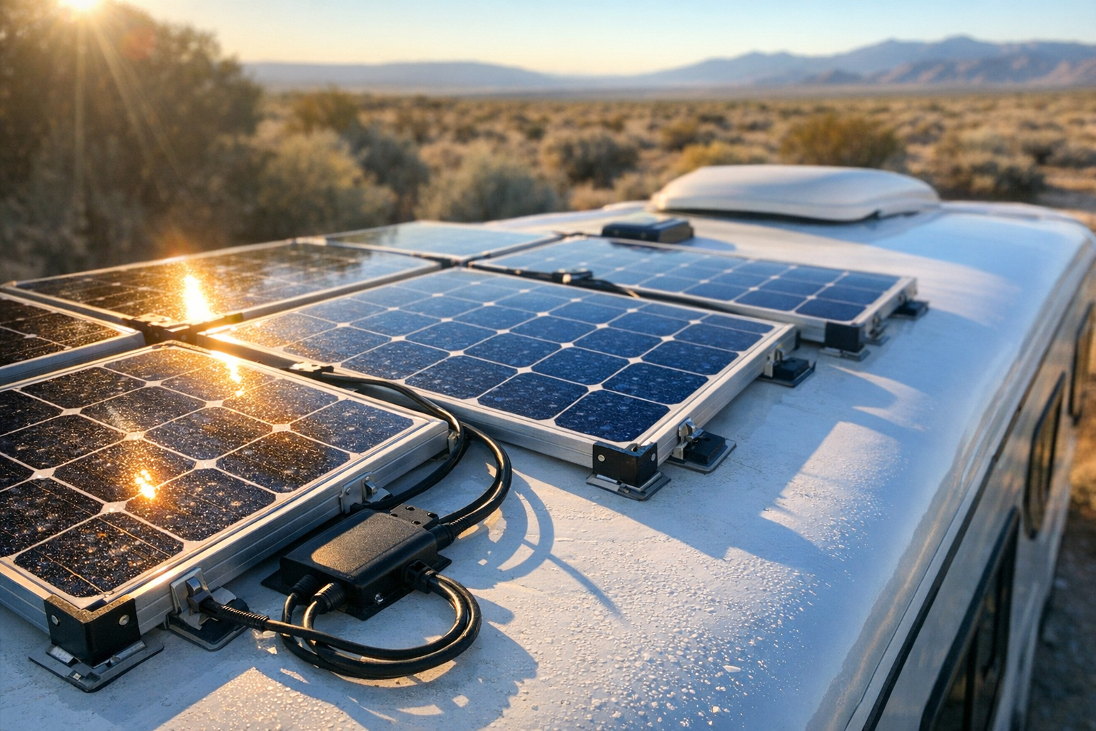 A close-up overhead shot of gleaming blue crystalline solar panels mounted on the white fiberglass roof of an RV, with thick black cables connecting multiple panels together. The golden hour sunlight creates dramatic reflections across the photovoltaic cells, while the curved aerodynamic surface of the motorhome roof extends into soft focus. In the background, blurred desert landscape with sage brush and distant mountains under a clear azure sky. The composition emphasizes the modern solar array installation with natural shadows cast by the panel frames, shot from a slightly elevated angle showing the professional mounting brackets and weatherproof junction boxes, all captured with authentic smartphone photography aesthetic including slight lens flare from the sun.
