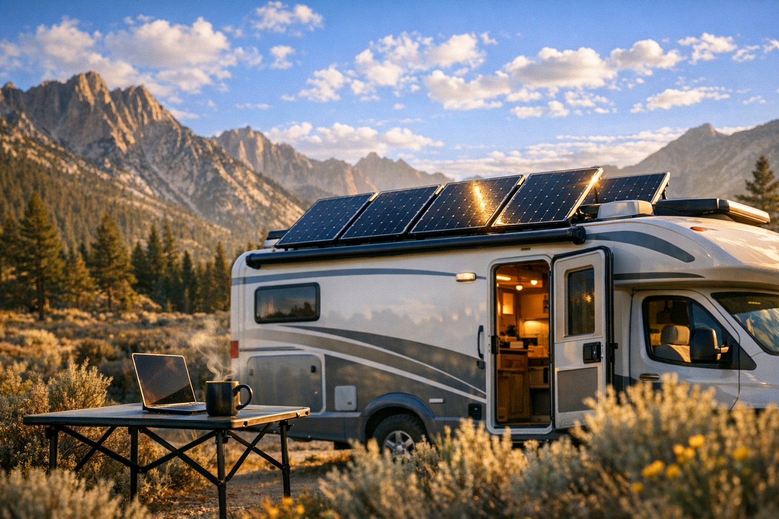 A modern RV parked in a stunning remote wilderness location during golden hour, with four large black solar panels prominently mounted on the roof catching warm sunlight. The scene shows the side profile of a white and silver recreational vehicle positioned on public land with dramatic mountain peaks and pine forests in the background. Natural morning light illuminates the solar installation, creating subtle reflections on the panel surfaces. In the foreground, a small portable camping table sits outside the RV with a steaming coffee mug and an open laptop, suggesting someone working remotely. The RV's door is slightly open, revealing a glimpse of modern interior lighting powered independently. Scattered desert sage and wildflowers frame the bottom of the shot. The composition emphasizes the contrast between rugged wilderness and self-sufficient modern living, shot with shallow depth of field on a smartphone camera. Warm, natural color tones with slightly boosted saturation typical of Instagram travel photography. No visible campground hookups, power lines, or neighboring vehicles, emphasizing the off-grid solitude. Puffy white clouds dot a brilliant blue sky above the solar panels, suggesting perfect charging conditions.