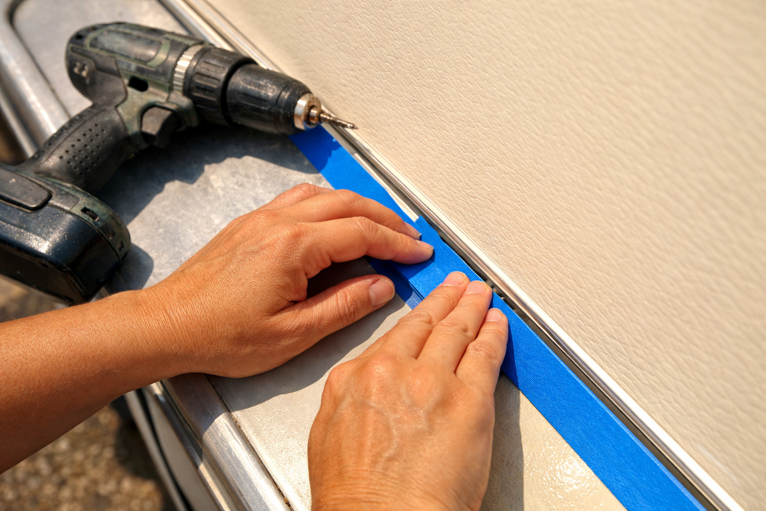 A person's hands actively pressing a strip of blue painter's tape along the edge of a cream-colored RV door panel, fingers smoothing down the tape in a single fluid motion, a cordless drill resting nearby on the metal door surface, natural afternoon light casting soft shadows across the textured door finish, shot from a close overhead angle freezing the mid-press moment, authentic candid style like a DIY enthusiast documenting their own project.