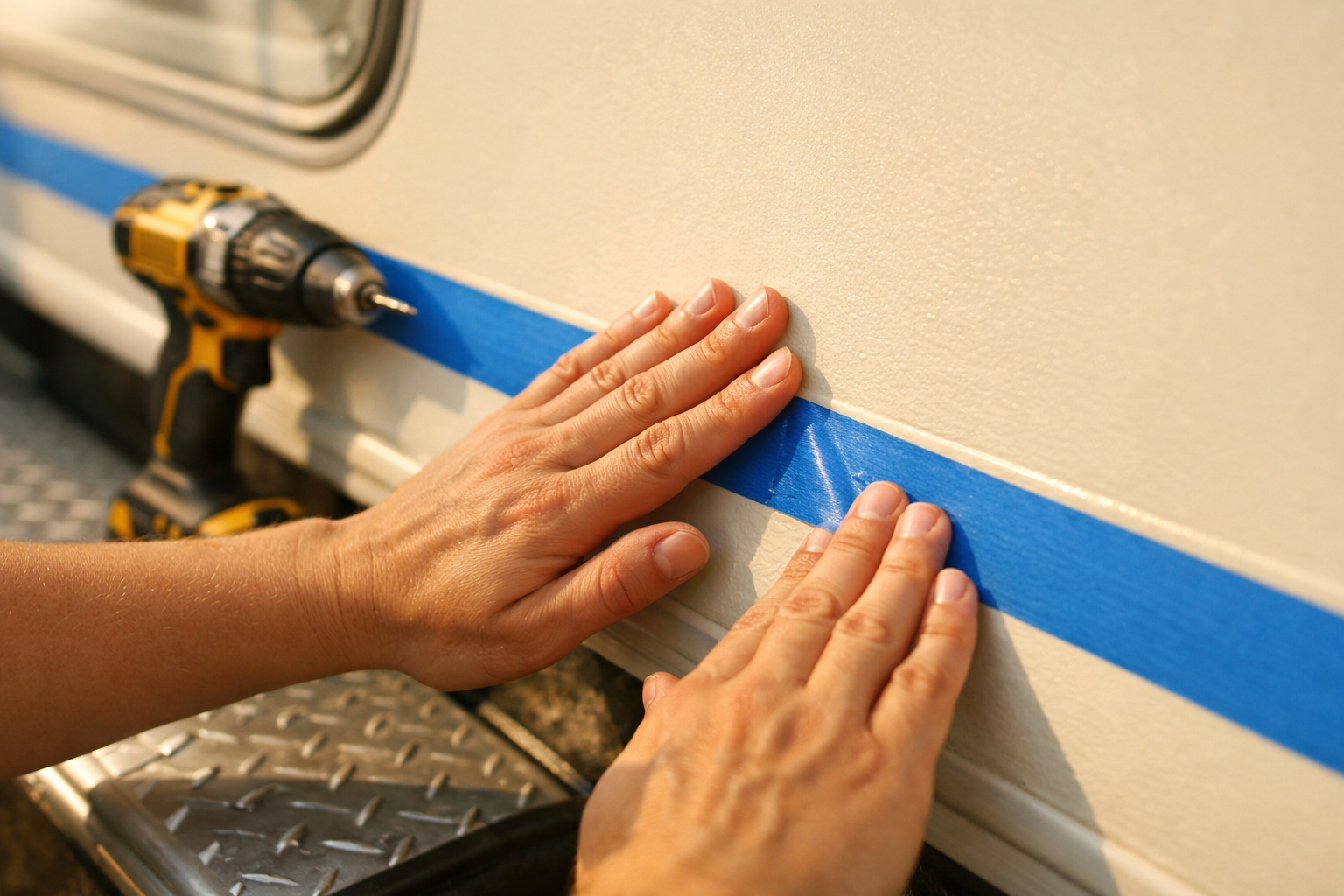 A person's hands actively pressing a strip of blue painter's tape along the edge of a cream-colored RV door panel, fingers smoothing down the tape in a single fluid motion, a cordless drill resting nearby on the metal door surface, natural afternoon light casting soft shadows across the textured door finish, shot from a close overhead angle freezing the mid-press moment, authentic candid style like a DIY enthusiast documenting their own project.