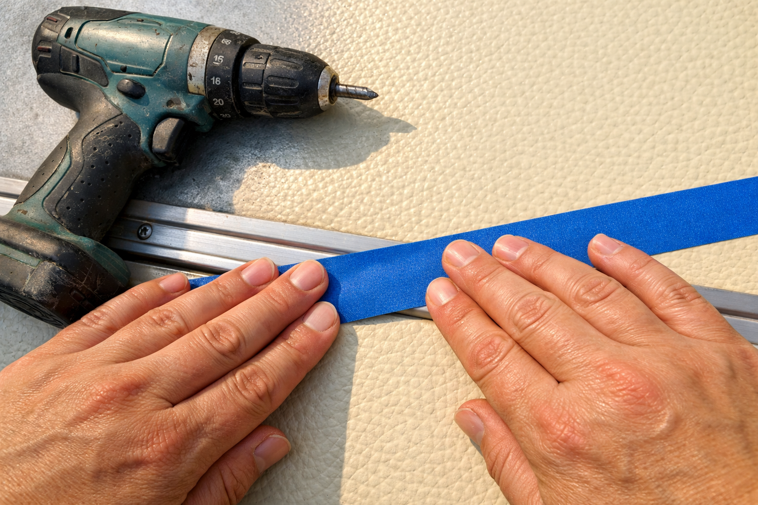A person's hands actively pressing a strip of blue painter's tape along the edge of a cream-colored RV door panel, fingers smoothing down the tape in a single fluid motion, a cordless drill resting nearby on the metal door surface, natural afternoon light casting soft shadows across the textured door finish, shot from a close overhead angle freezing the mid-press moment, authentic candid style like a DIY enthusiast documenting their own project.
