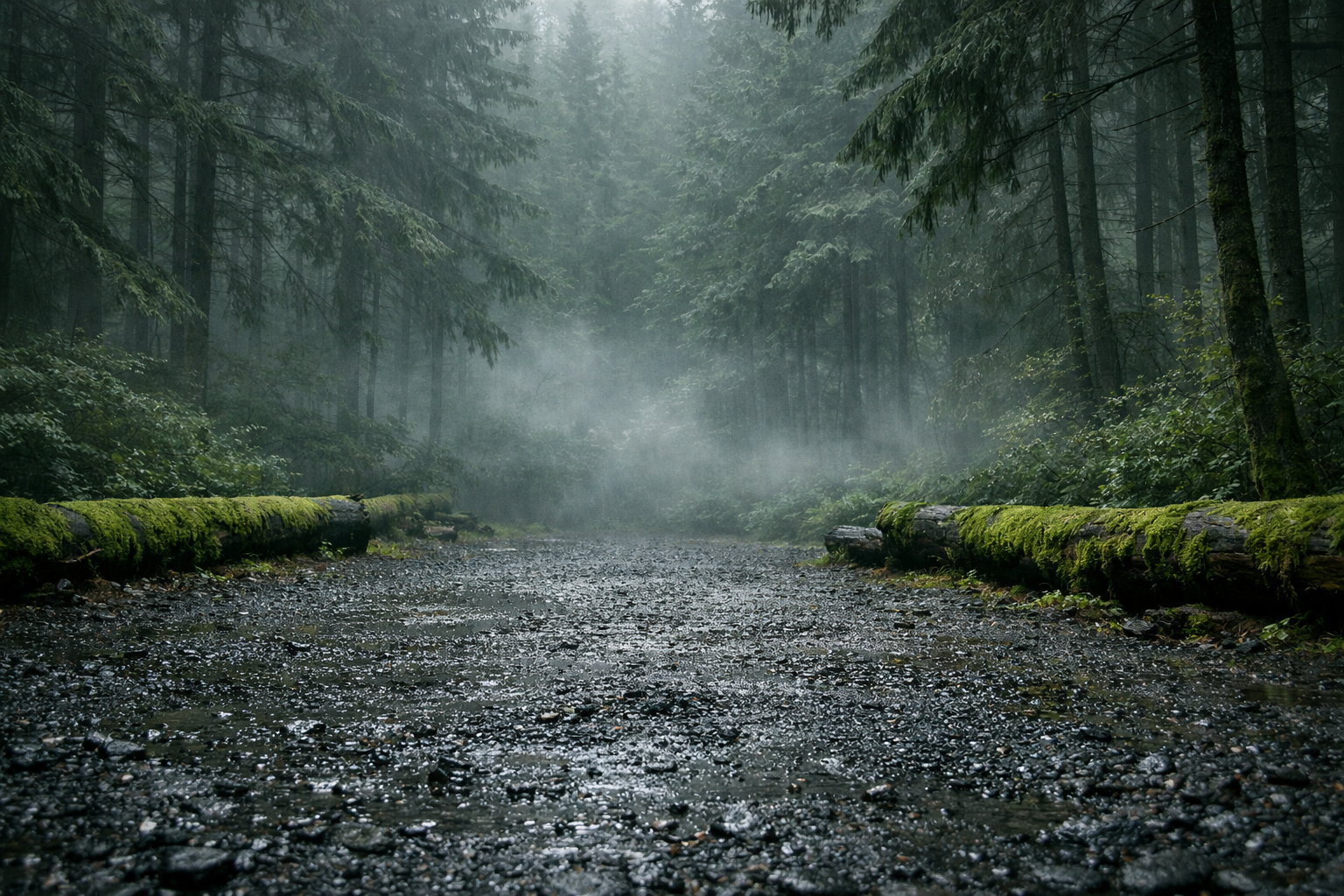 A wide shot of a campground nestled along a misty river valley, humid summer air visibly thick with moisture, where a row of parked RVs sits beneath overhanging trees dripping with condensation. In the middle distance, one RV door handle and lock mechanism shows heavy greenish-white corrosion and oxidation eating into the metal, the degradation clearly visible even from this pulled-back vantage point. The surrounding environment emphasizes the relentless dampness — wet gravel, moss-covered logs, fog clinging to the treeline — conveying the scale of how pervasive moisture is in this setting. Natural overcast light filters softly through the canopy, casting a cool, gray-green atmosphere across the entire scene. No faces visible, no text or signage anywhere in the frame.