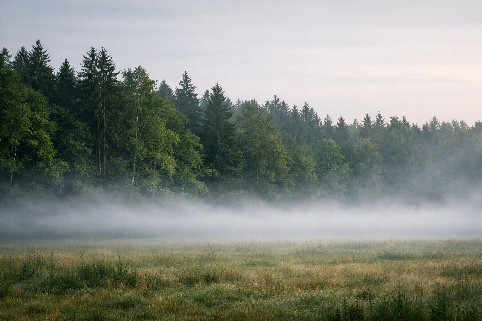 A wide shot of a campground nestled along a misty river valley, humid summer air visibly thick with moisture, where a row of parked RVs sits beneath overhanging trees dripping with condensation. In the middle distance, one RV door handle and lock mechanism shows heavy greenish-white corrosion and oxidation eating into the metal, the degradation clearly visible even from this pulled-back vantage point. The surrounding environment emphasizes the relentless dampness — wet gravel, moss-covered logs, fog clinging to the treeline — conveying the scale of how pervasive moisture is in this setting. Natural overcast light filters softly through the canopy, casting a cool, gray-green atmosphere across the entire scene. No faces visible, no text or signage anywhere in the frame.