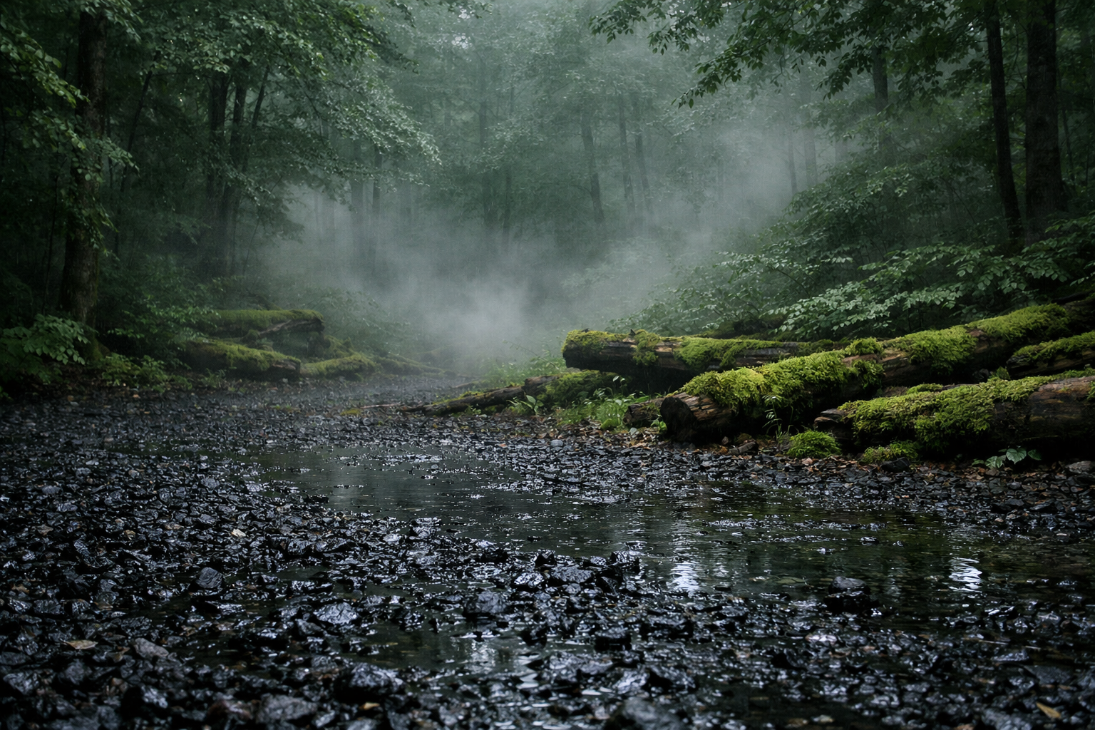 A wide shot of a campground nestled along a misty river valley, humid summer air visibly thick with moisture, where a row of parked RVs sits beneath overhanging trees dripping with condensation. In the middle distance, one RV door handle and lock mechanism shows heavy greenish-white corrosion and oxidation eating into the metal, the degradation clearly visible even from this pulled-back vantage point. The surrounding environment emphasizes the relentless dampness — wet gravel, moss-covered logs, fog clinging to the treeline — conveying the scale of how pervasive moisture is in this setting. Natural overcast light filters softly through the canopy, casting a cool, gray-green atmosphere across the entire scene. No faces visible, no text or signage anywhere in the frame.