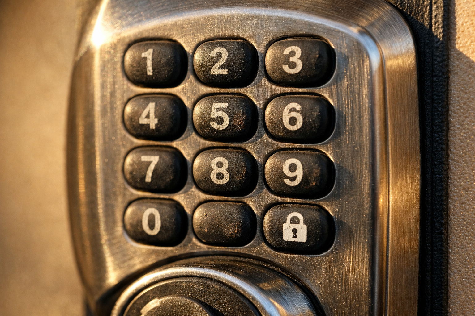 A close-up macro photograph of a brushed nickel RV door keypad lock, filling the entire frame with its tactile rubber-coated number buttons, each button showing subtle wear and fingertip smudging from frequent use, the metallic housing catching soft natural afternoon sidelight that reveals tiny scratches and the fine grain of the brushed steel finish, shallow depth of field blurring the surrounding door panel into warm beige tones, shot with a 90mm macro lens to emphasize the physical texture of the worn number pads and the satisfying mechanical detail of the keypad surface.
