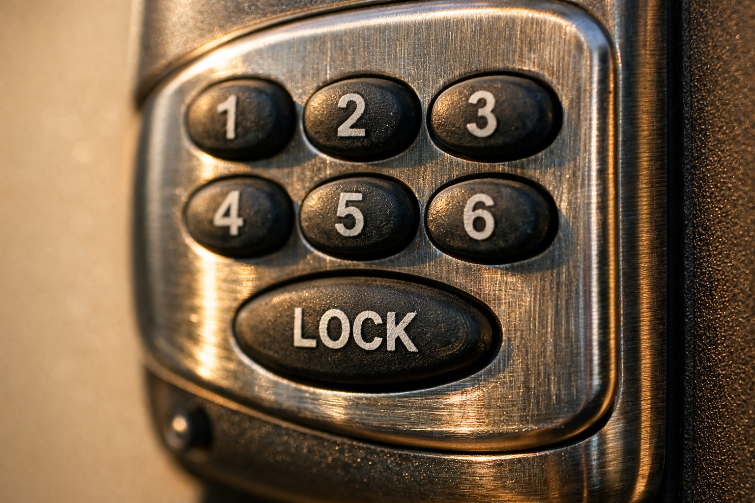 A close-up macro photograph of a brushed nickel RV door keypad lock, filling the entire frame with its tactile rubber-coated number buttons, each button showing subtle wear and fingertip smudging from frequent use, the metallic housing catching soft natural afternoon sidelight that reveals tiny scratches and the fine grain of the brushed steel finish, shallow depth of field blurring the surrounding door panel into warm beige tones, shot with a 90mm macro lens to emphasize the physical texture of the worn number pads and the satisfying mechanical detail of the keypad surface.