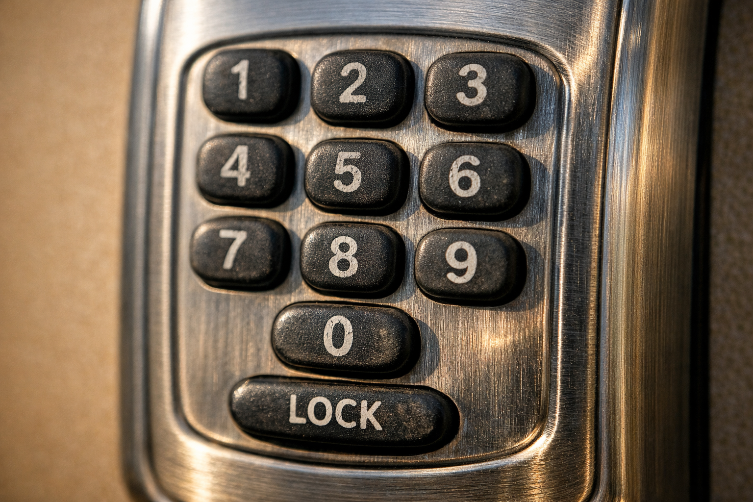 A close-up macro photograph of a brushed nickel RV door keypad lock, filling the entire frame with its tactile rubber-coated number buttons, each button showing subtle wear and fingertip smudging from frequent use, the metallic housing catching soft natural afternoon sidelight that reveals tiny scratches and the fine grain of the brushed steel finish, shallow depth of field blurring the surrounding door panel into warm beige tones, shot with a 90mm macro lens to emphasize the physical texture of the worn number pads and the satisfying mechanical detail of the keypad surface.