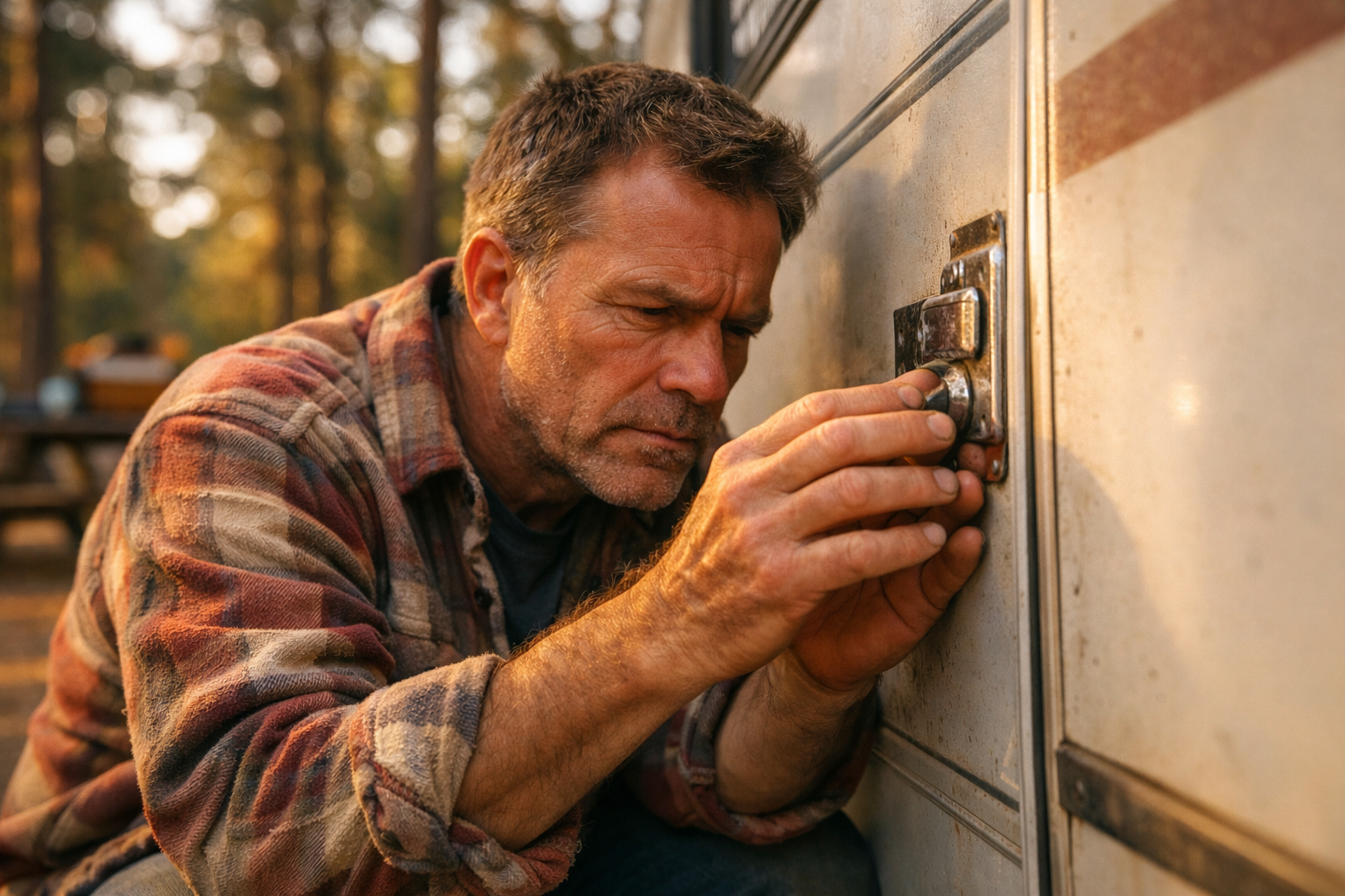 A middle-aged man in a worn flannel shirt crouches beside the door of a dusty white Class C motorhome parked at a rural campsite, his brow furrowed in concentration as he examines a flimsy, scratched factory door latch with his fingertips, his expression shifting from concern to quiet resolve — the late afternoon golden light catching the weathered chrome of the old lock mechanism, pine trees blurred softly in the background, shot candidly from a low angle with a shallow depth of field as if captured by a fellow camper walking past.