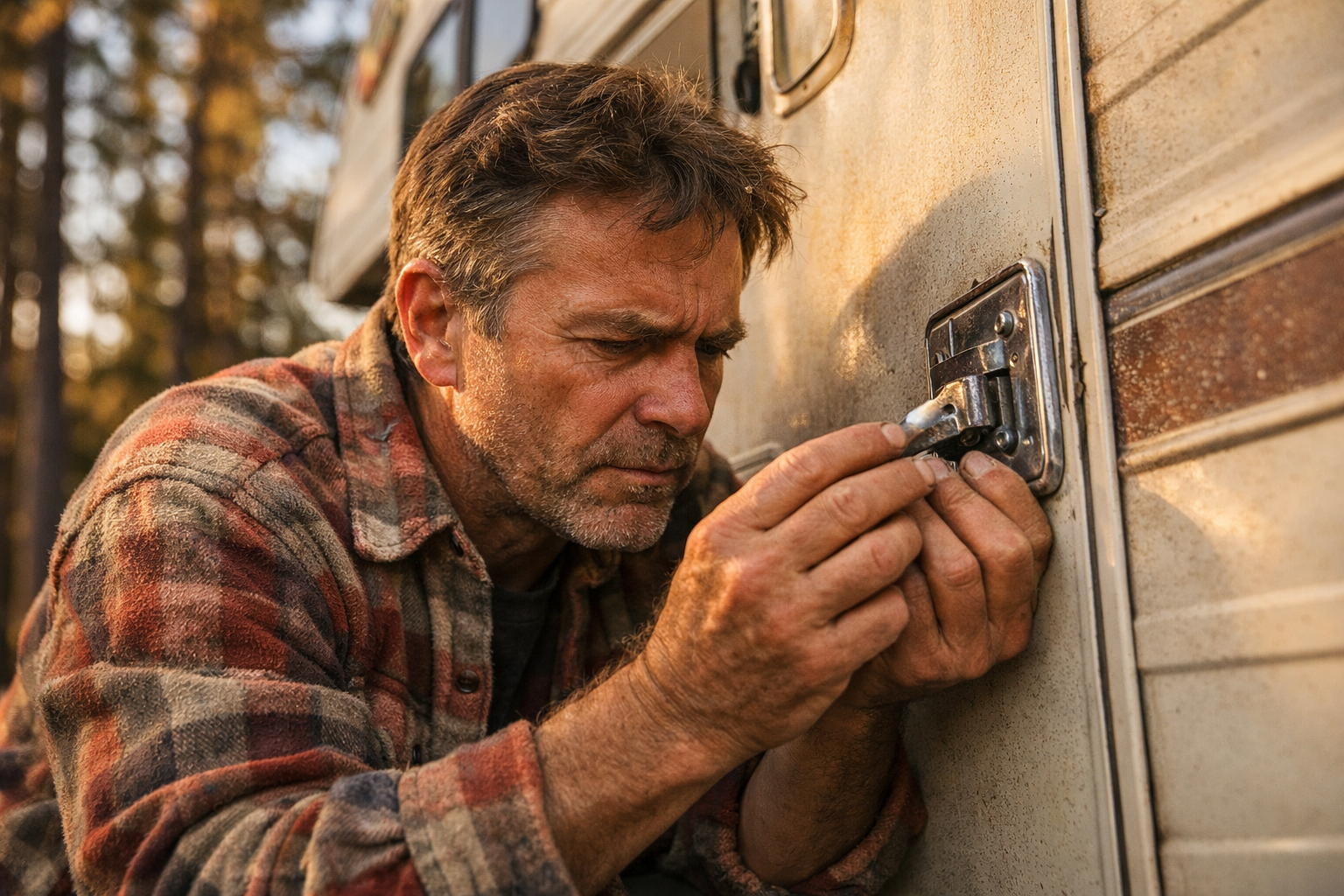 A middle-aged man in a worn flannel shirt crouches beside the door of a dusty white Class C motorhome parked at a rural campsite, his brow furrowed in concentration as he examines a flimsy, scratched factory door latch with his fingertips, his expression shifting from concern to quiet resolve — the late afternoon golden light catching the weathered chrome of the old lock mechanism, pine trees blurred softly in the background, shot candidly from a low angle with a shallow depth of field as if captured by a fellow camper walking past.