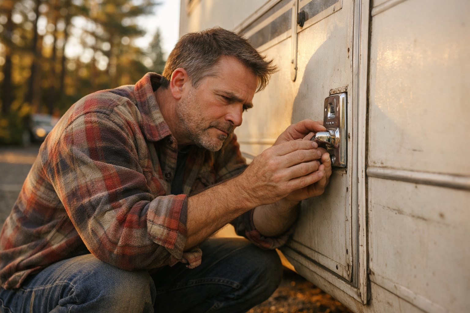 A middle-aged man in a worn flannel shirt crouches beside the door of a dusty white Class C motorhome parked at a rural campsite, his brow furrowed in concentration as he examines a flimsy, scratched factory door latch with his fingertips, his expression shifting from concern to quiet resolve — the late afternoon golden light catching the weathered chrome of the old lock mechanism, pine trees blurred softly in the background, shot candidly from a low angle with a shallow depth of field as if captured by a fellow camper walking past.