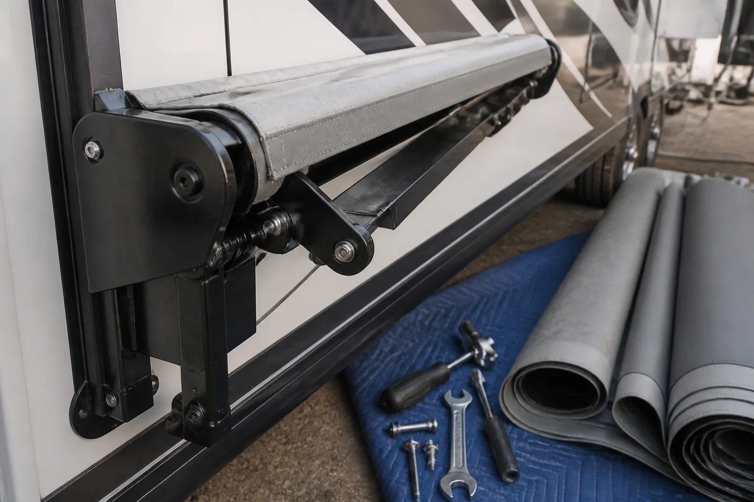 WINNEBAGO TRAVATO – Awning Mechanism Repair and Fabric Replacement