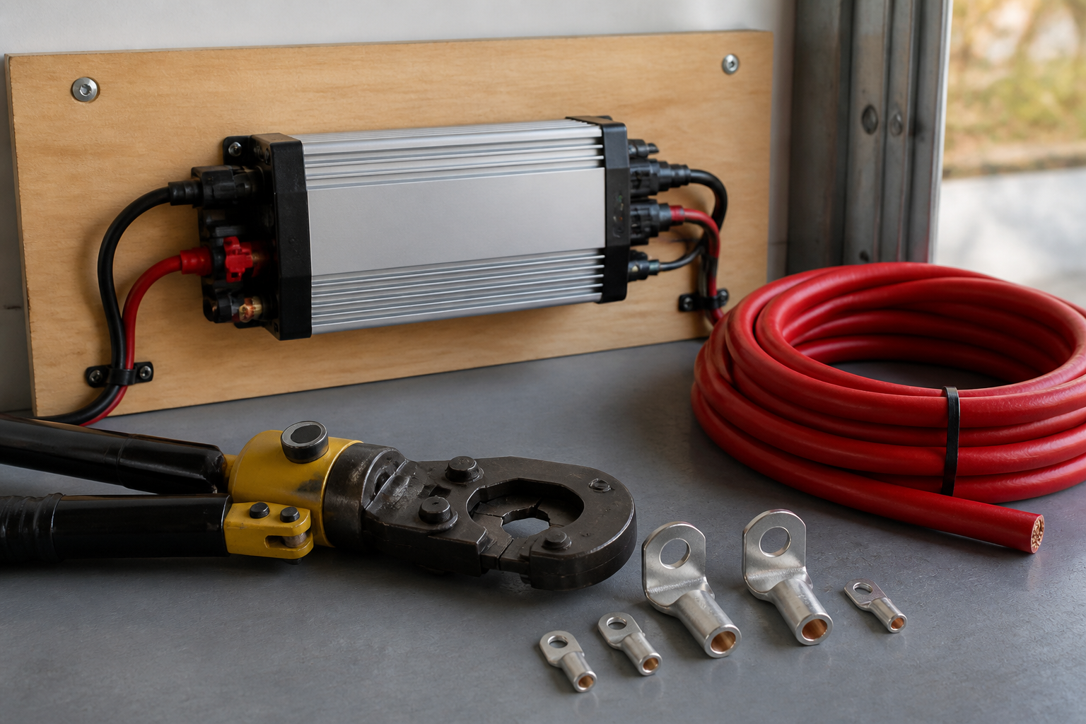 DC-DC charger mounted beside heavy battery cable and a lug crimping tool
