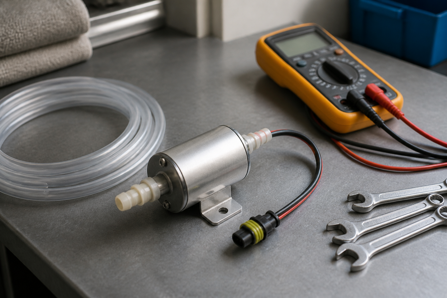 Diesel heater dosing pump and fuel line laid out on a workbench with a multimeter
