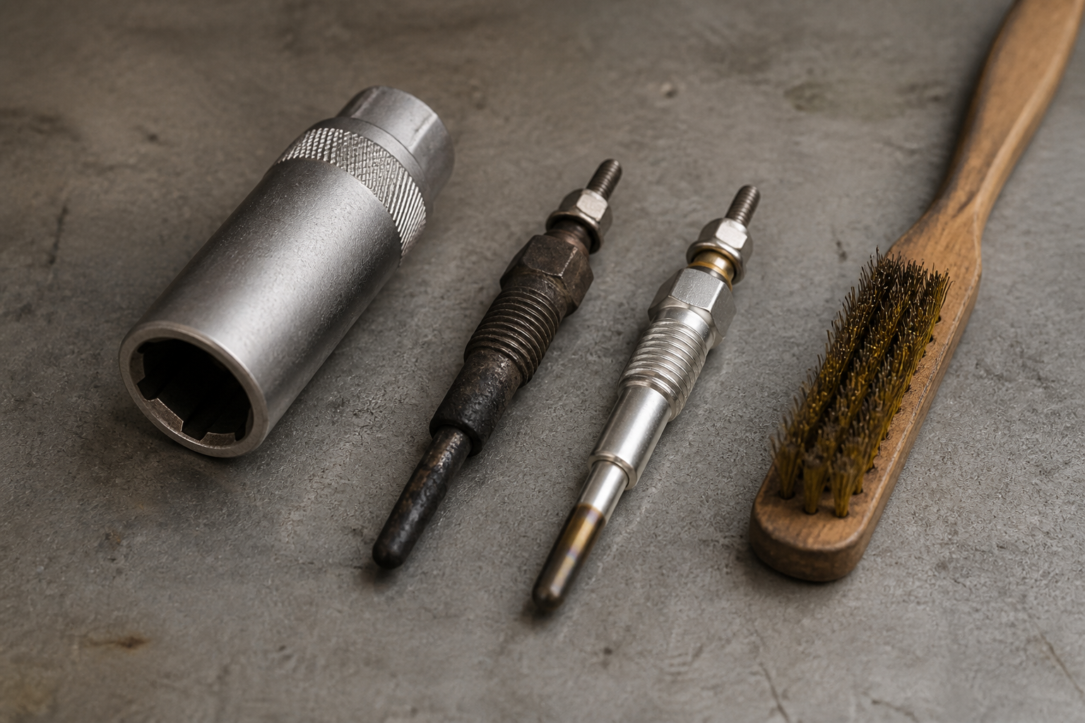 Removed diesel heater glow plug with carbon fouling beside a new one and a glow plug socket