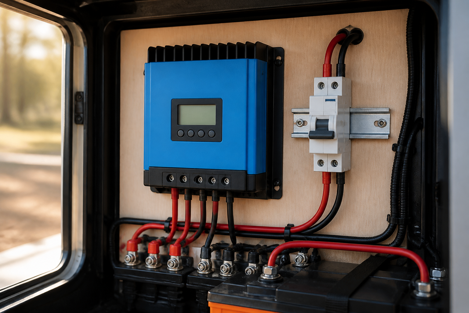MPPT solar charge controller mounted on plywood with battery cabling